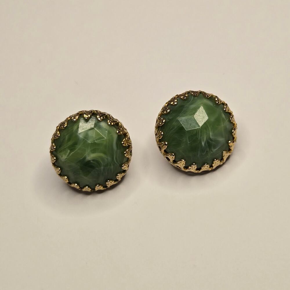 Vintage Castlecliff Gold Tone & Marbled Green Glass Clip-On Earrings